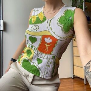 Y2K beaded pattern cream and green sleeveless top